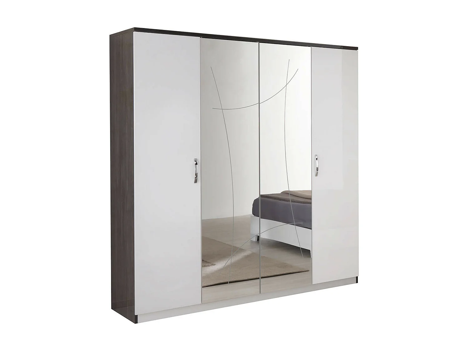 LUCIA - Armoire 4 Portes Laqué Blanc et Chêne Anthracite