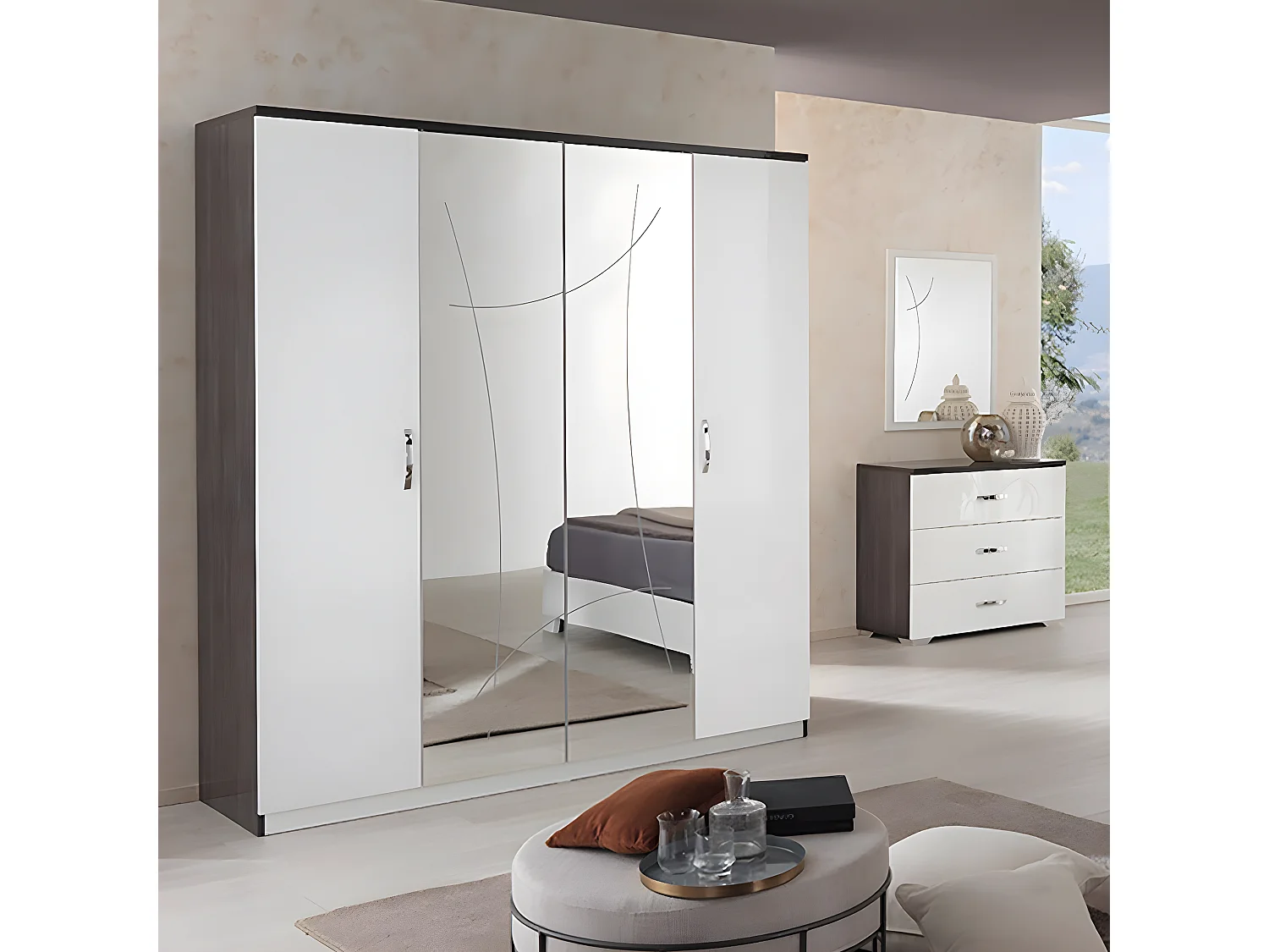 LUCIA - Armoire 4 Portes Laqué Blanc et Chêne Anthracite
