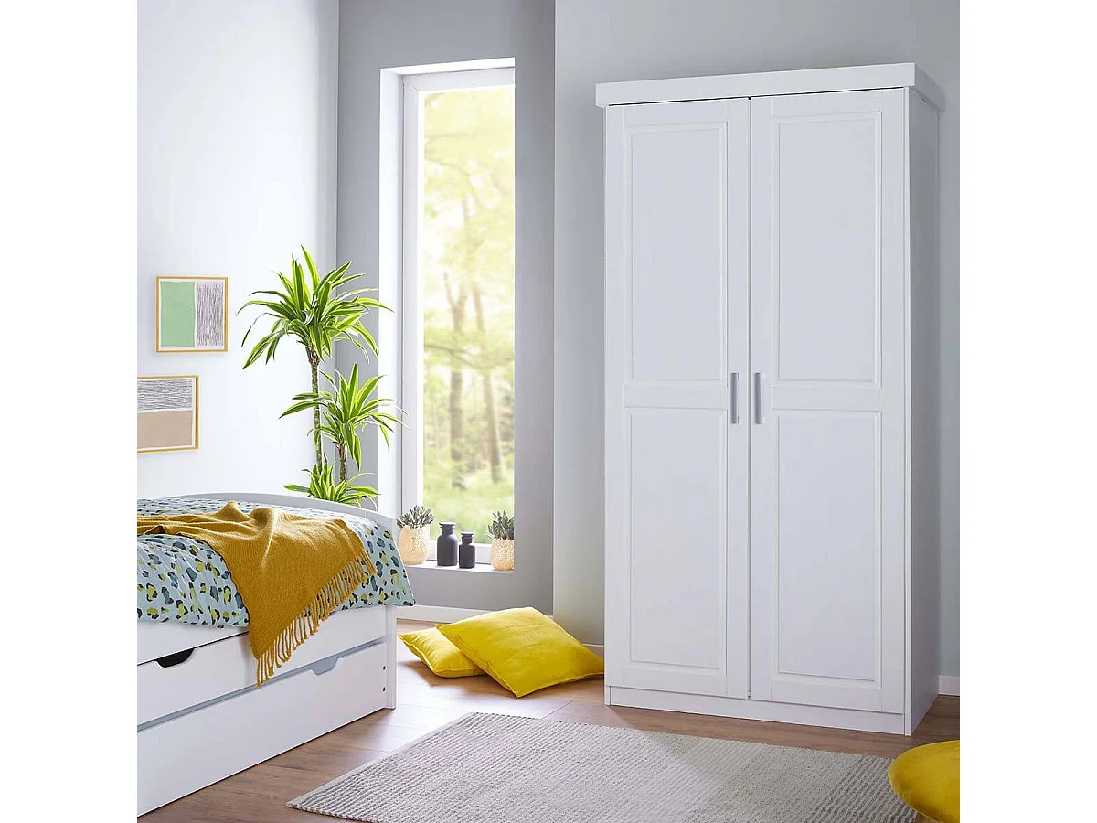 ALASKA - Armoire 2 Portes + Penderie Bois Massif Vernis Blanc