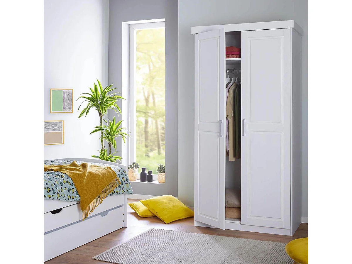 ALASKA - Armoire 2 Portes + Penderie Bois Massif Vernis Blanc
