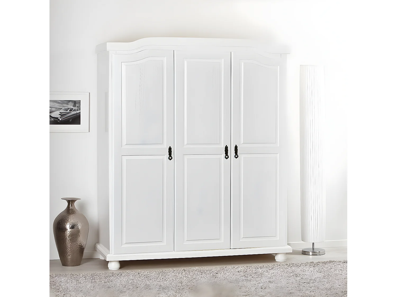 SYDNEY - Armoire 3 Portes + Penderie Bois Massif Vernis Blanc