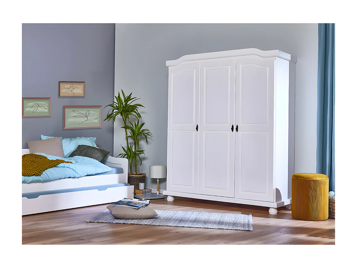 SYDNEY - Armoire 3 Portes + Penderie Bois Massif Vernis Blanc