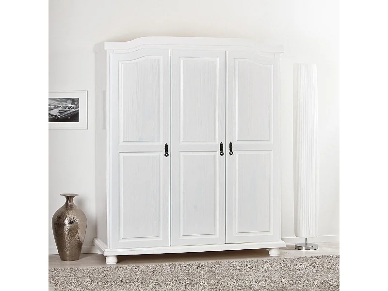 SYDNEY - Armoire 3 Portes + Penderie Bois Massif Vernis Blanc