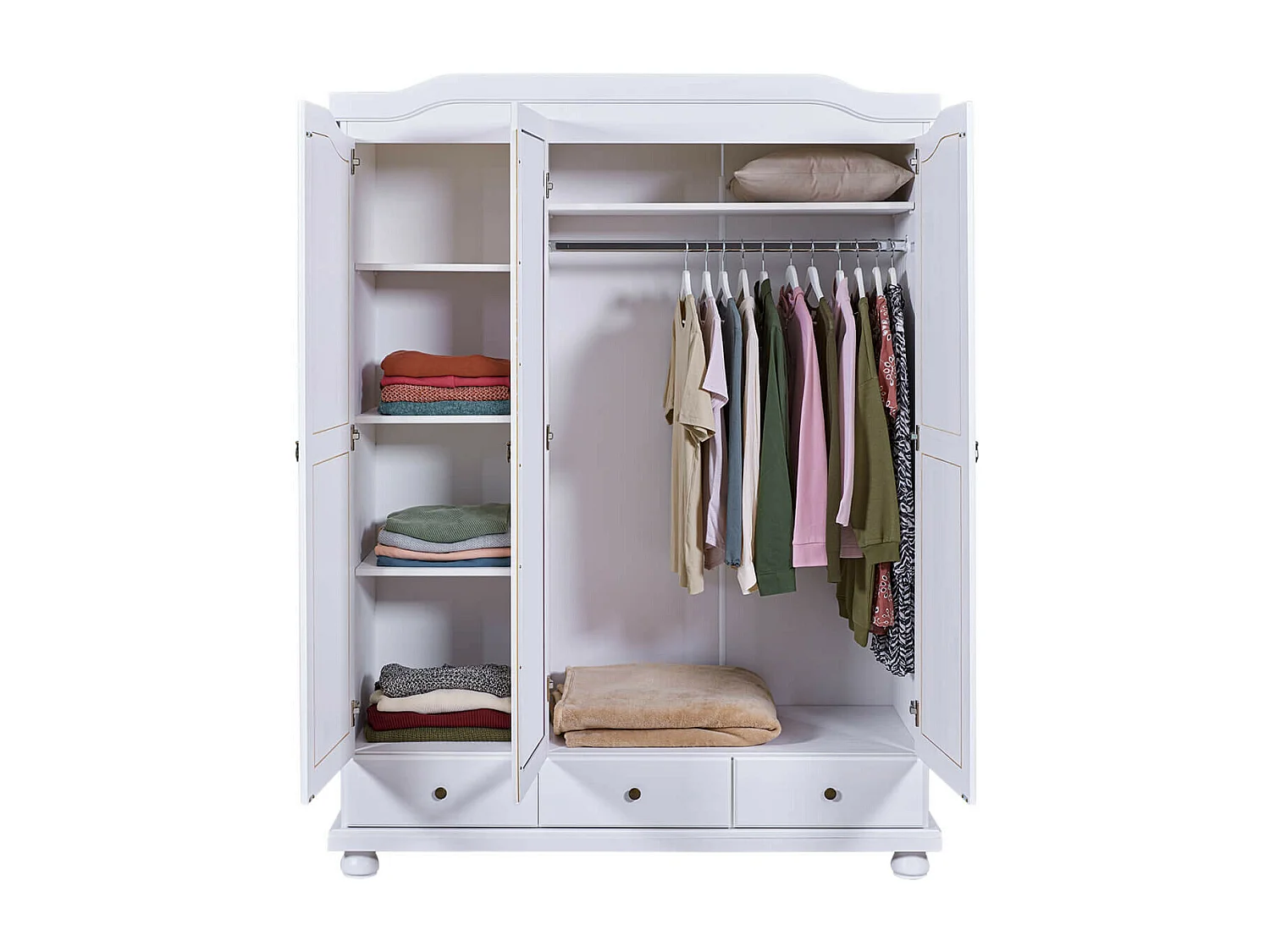 NEDER - Armoire 3 Portes Avec Penderie Bois Massif Vernis Blanc