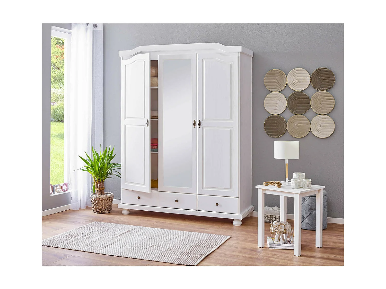 NEDER - Armoire 3 Portes Avec Penderie Bois Massif Vernis Blanc