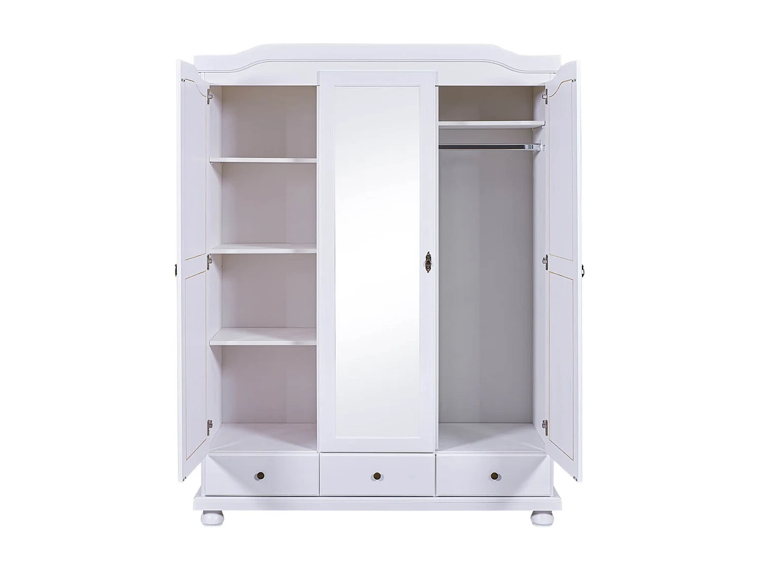 NEDER - Armoire 3 Portes Avec Penderie Bois Massif Vernis Blanc