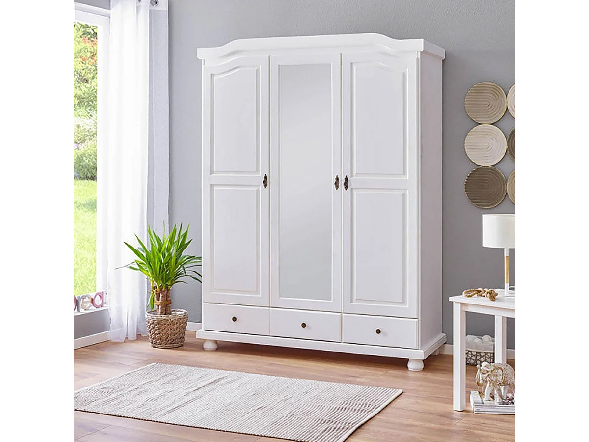 NEDER - Armoire 3 Portes Avec Penderie Bois Massif Vernis Blanc