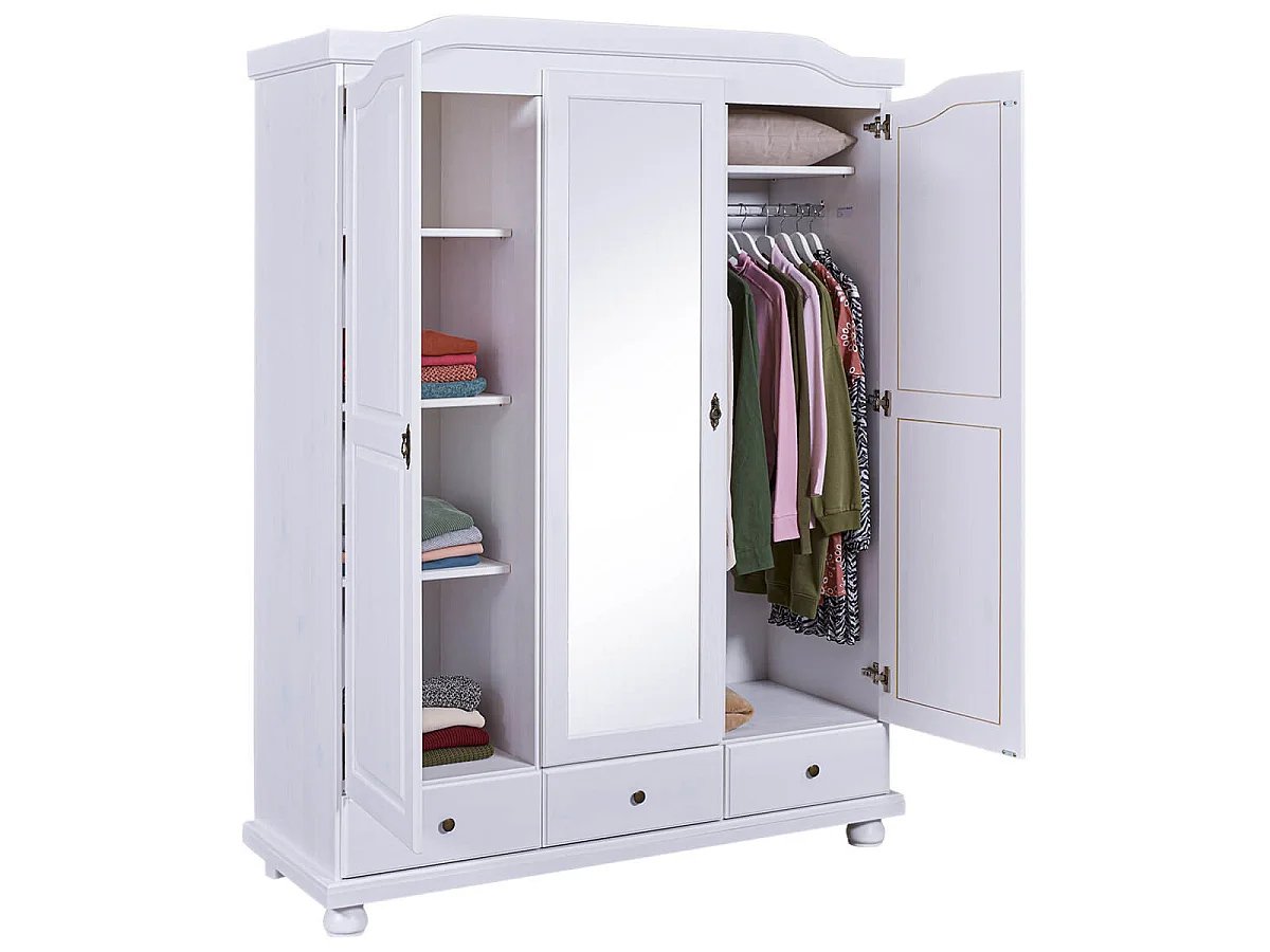 NEDER - Armoire 3 Portes Avec Penderie Bois Massif Vernis Blanc
