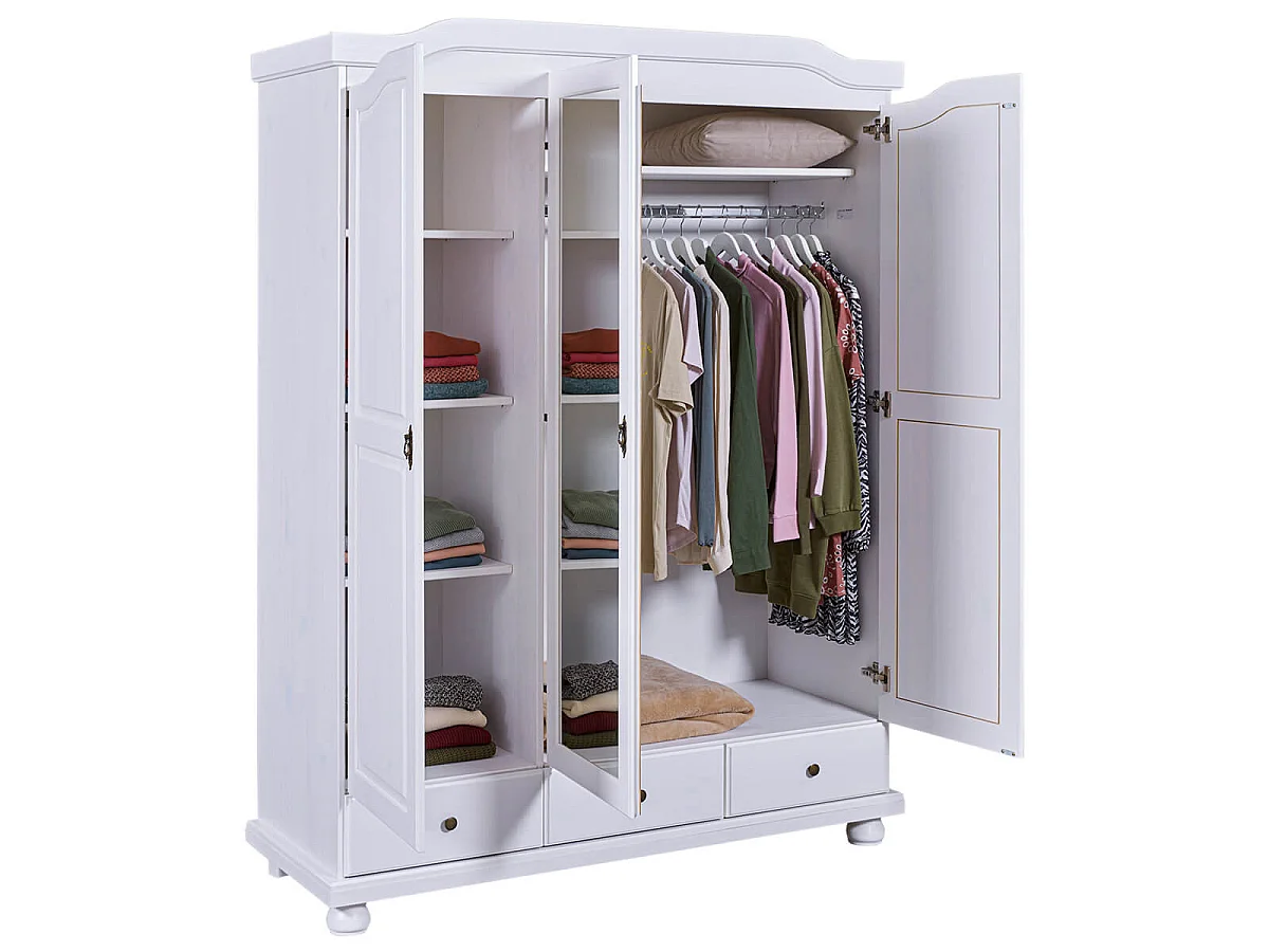 NEDER - Armoire 3 Portes Avec Penderie Bois Massif Vernis Blanc