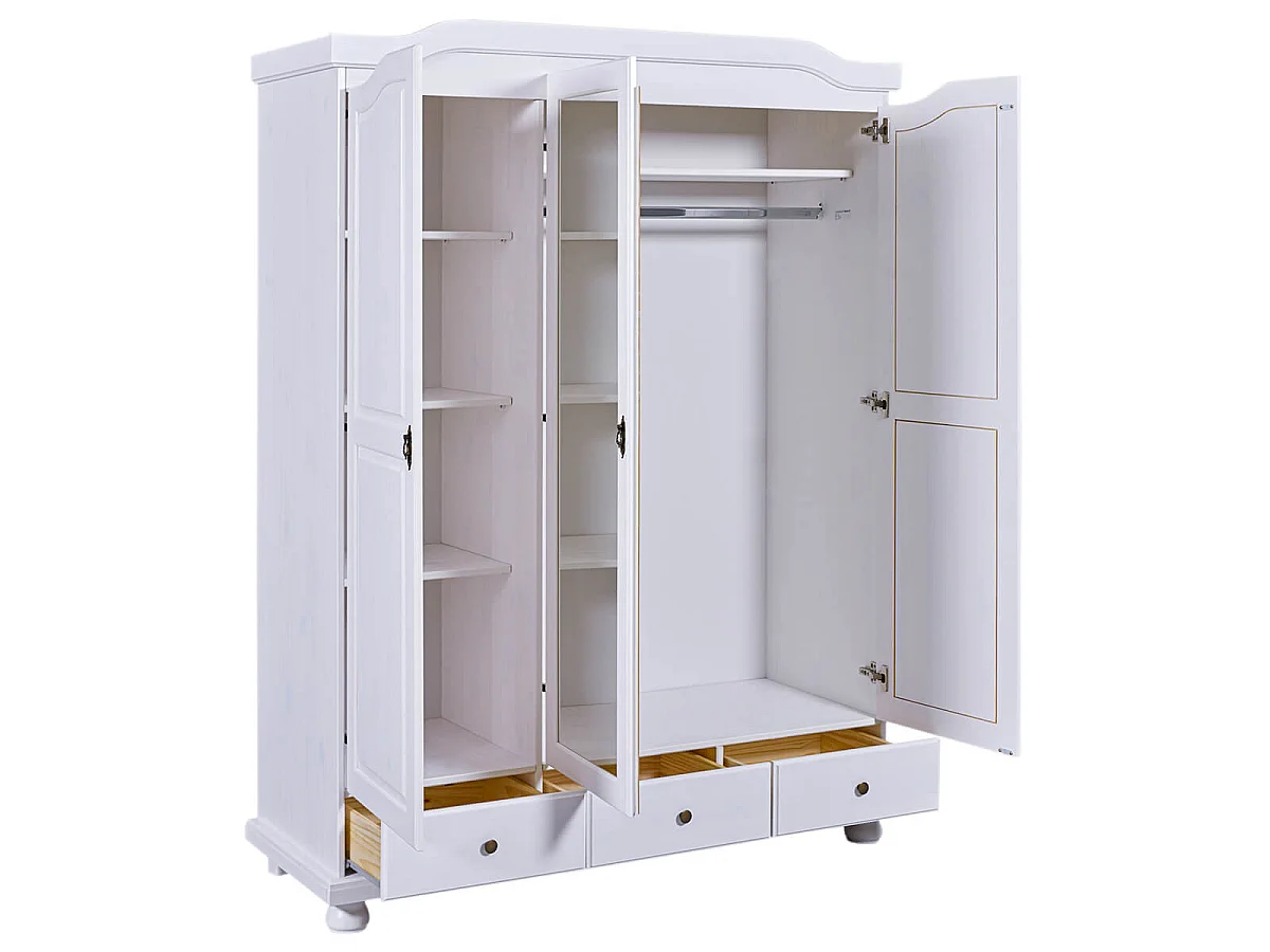 NEDER - Armoire 3 Portes Avec Penderie Bois Massif Vernis Blanc