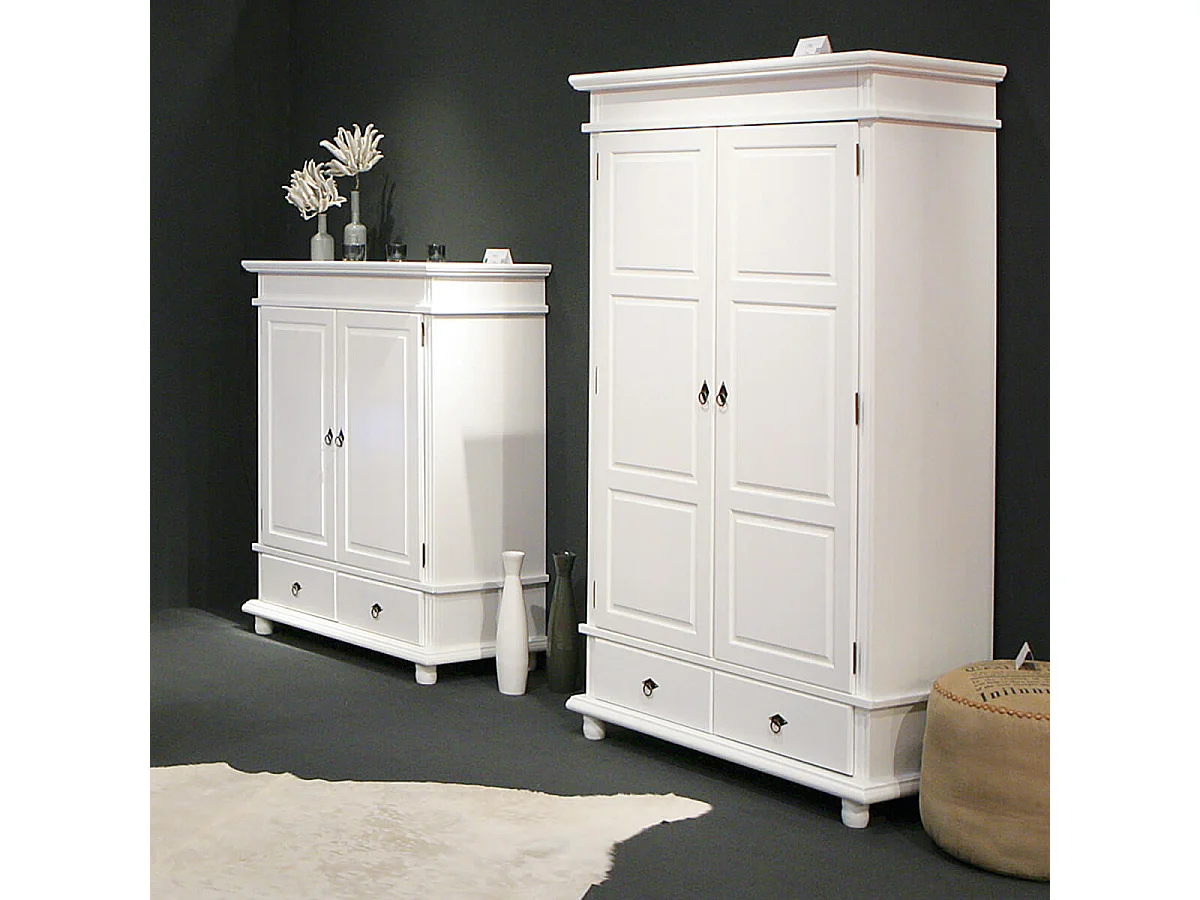 TRISTAN - Armoire 2 Portes 2 Tiroirs Bois Massif Vernis Blanc
