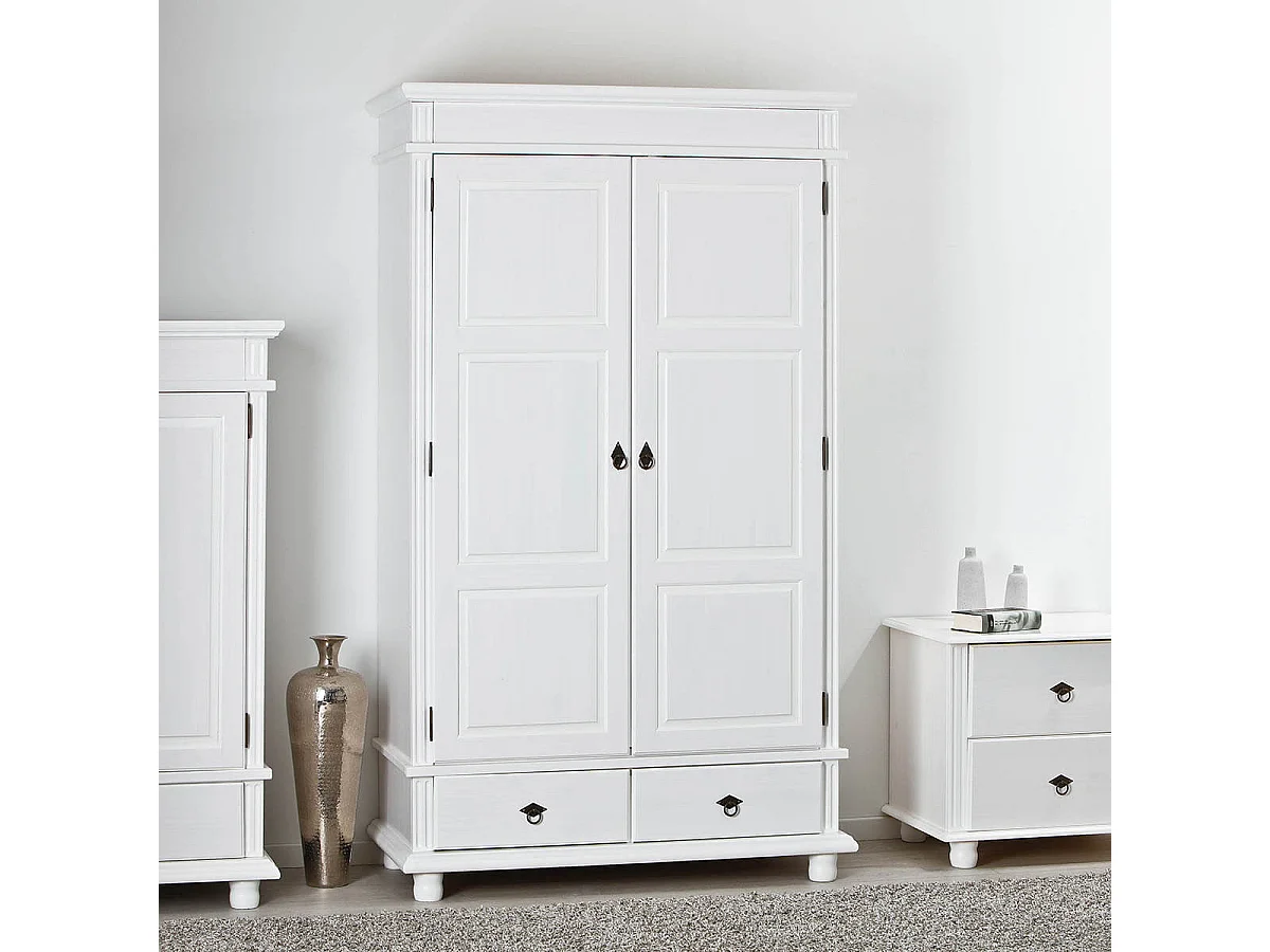 TRISTAN - Armoire 2 Portes 2 Tiroirs Bois Massif Vernis Blanc