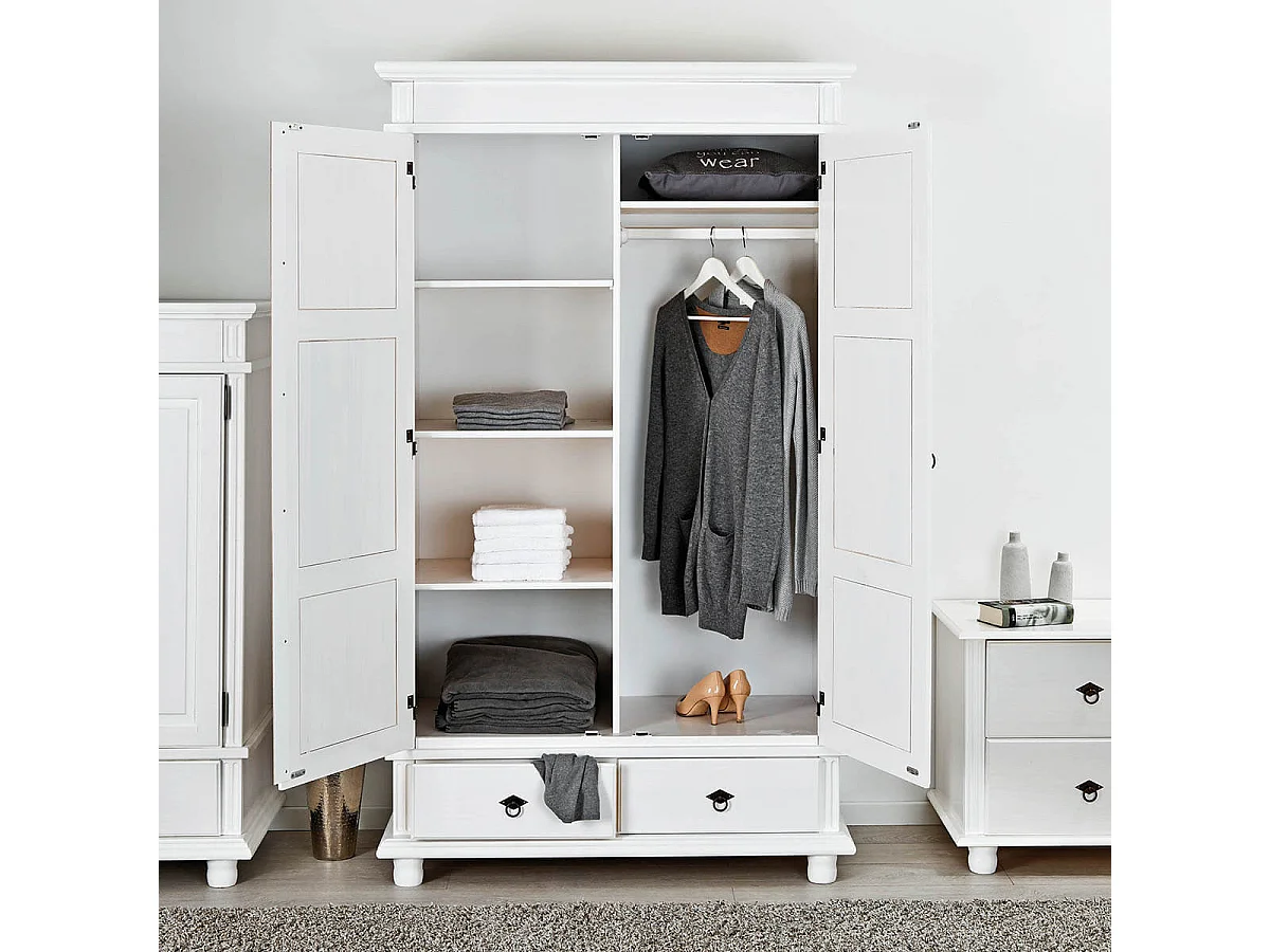 TRISTAN - Armoire 2 Portes 2 Tiroirs Bois Massif Vernis Blanc