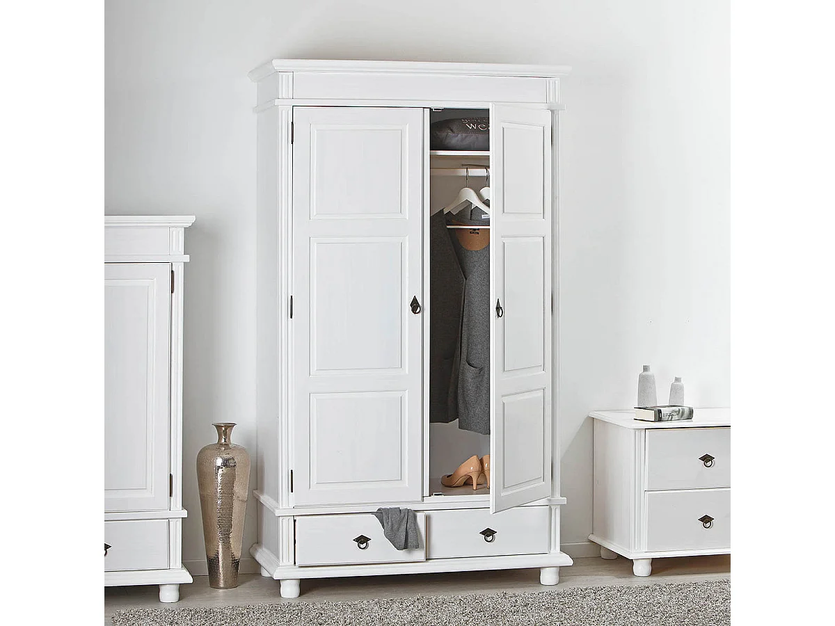 TRISTAN - Armoire 2 Portes 2 Tiroirs Bois Massif Vernis Blanc