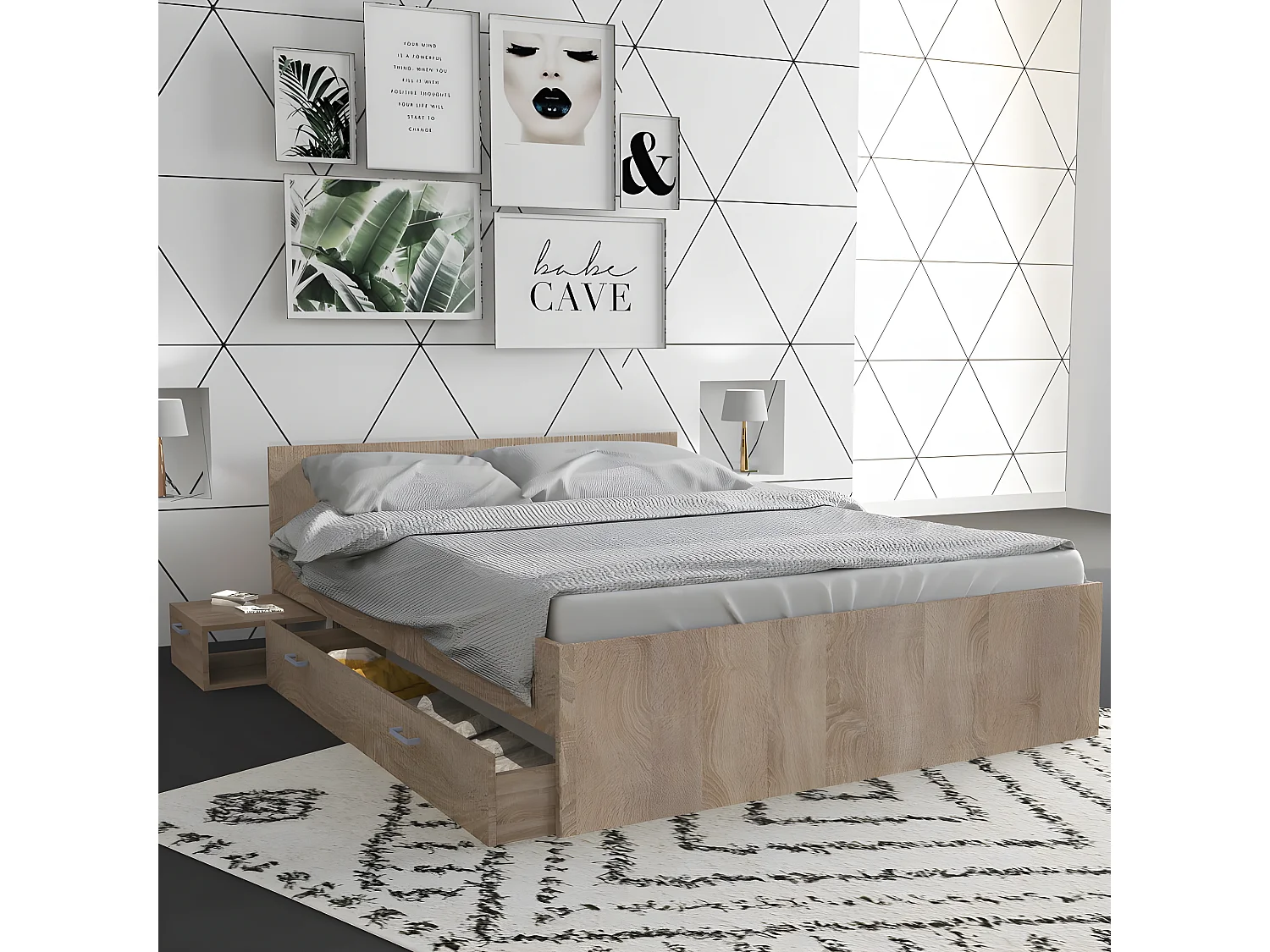 Lit TWIST 140x190+  1 chevet + 1 tiroir / Décor Chêne Blanchi