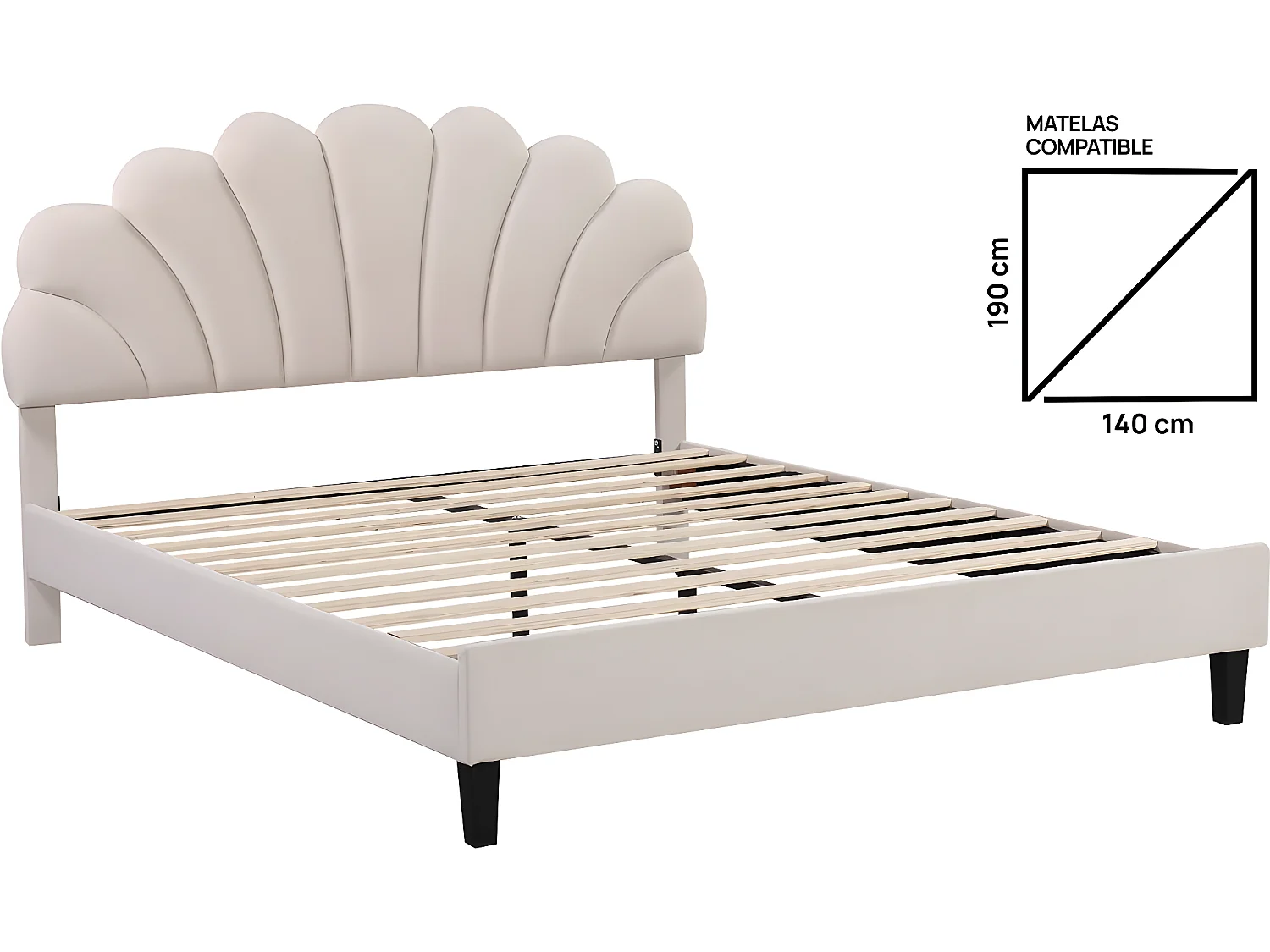 Lit coquillage en velours "Manon" - Beige - 140 x 190 cm