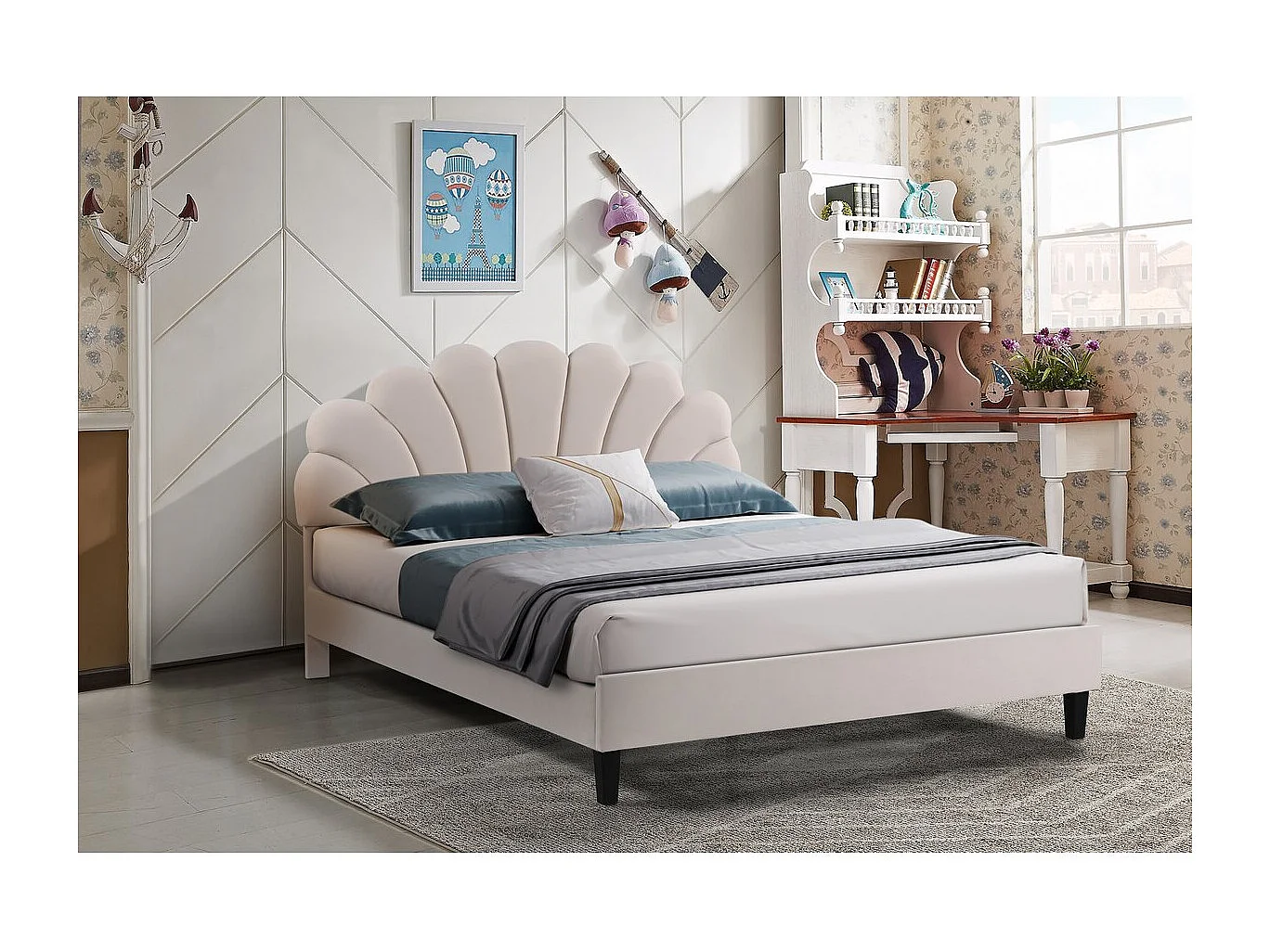 Lit coquillage en velours "Manon" - Beige - 140 x 190 cm