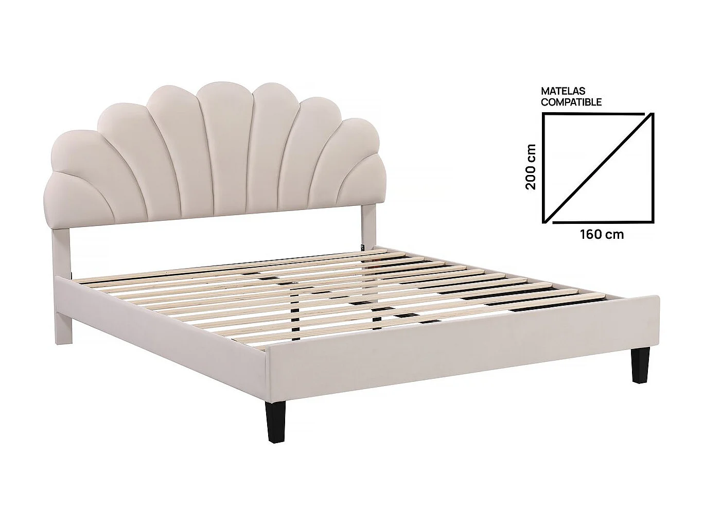 Lit coquillage en velours "Manon" - Beige - 160 x 200 cm