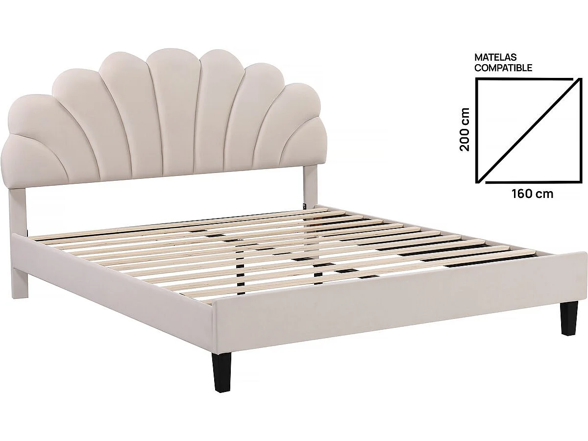 Cama de Veludo "Manon" em Forma de Concha - Bege - 160 x 200 cm