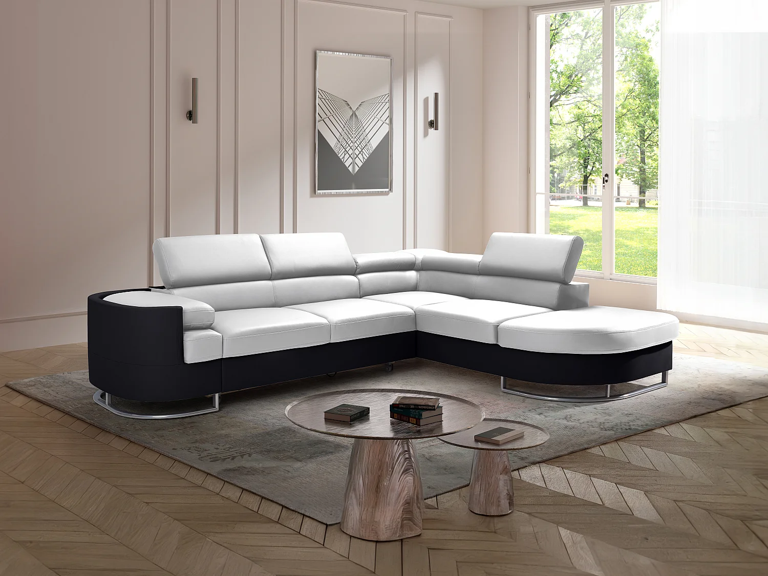 Högerställd soffbädd i vitt och svart PU-läder MYSEN II