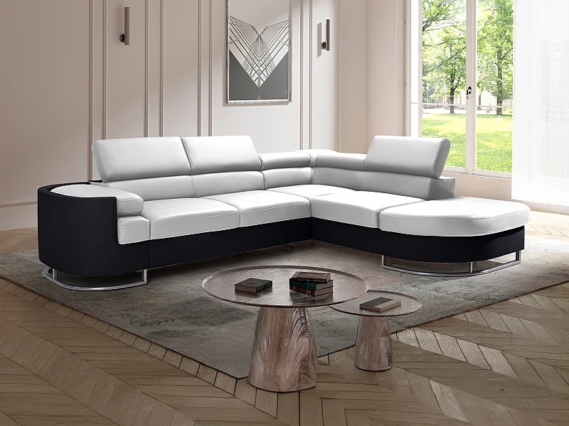 Högerställd soffbädd i vitt och svart PU-läder MYSEN II