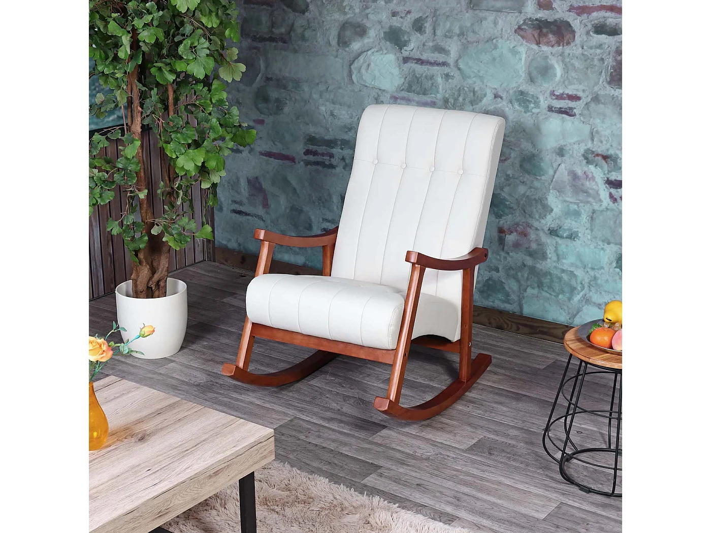 Schommelstoel MCW-K10,  kunstleer crème, frame walnootlook