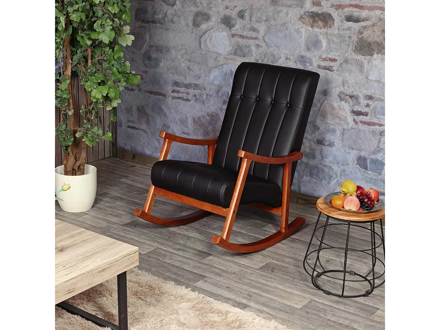 Schommelstoel MCW-K10,  kunstleer zwart, frame walnootlook