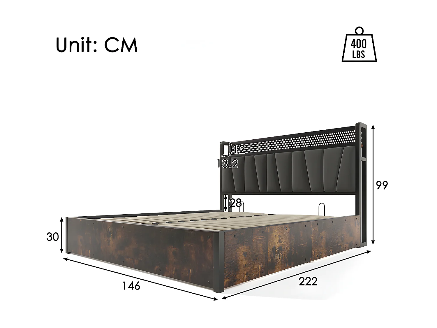 Lit coffre 140x200cm en tissu lin - avec LED、Ports de charge et sommier à lattes- Gris
