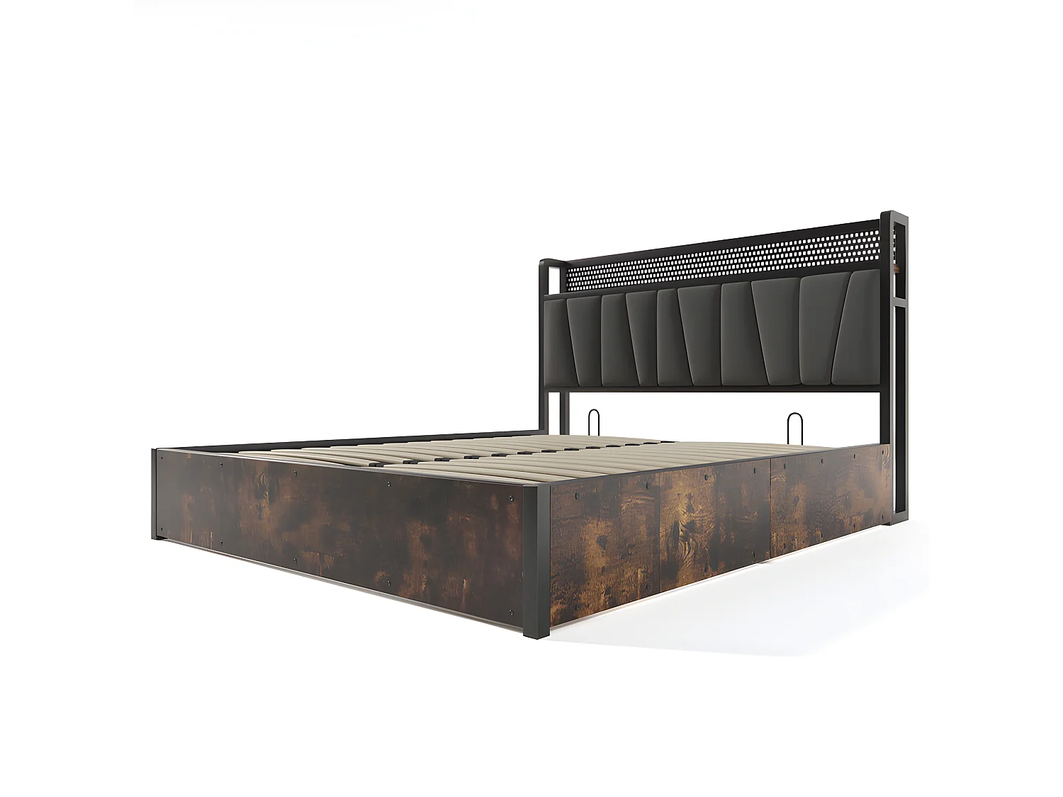 Lit coffre 140x200cm en tissu lin - avec LED、Ports de charge et sommier à lattes- Gris