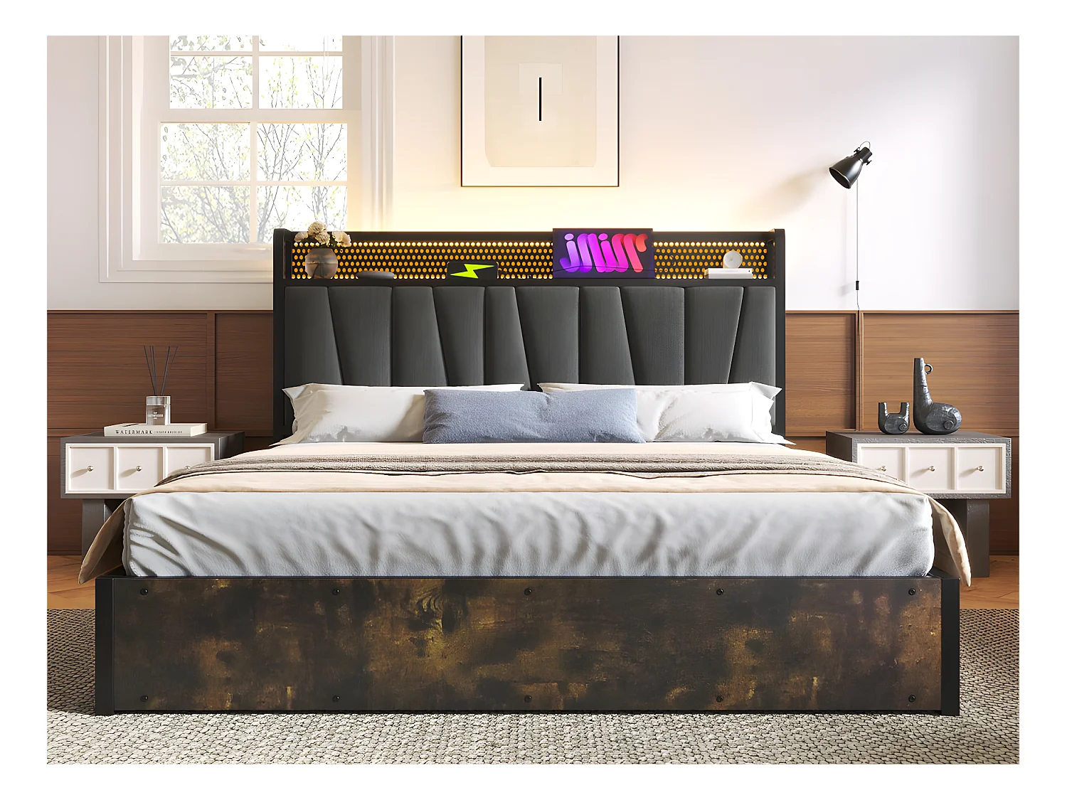 Lit coffre 140x200cm en tissu lin - avec LED、Ports de charge et sommier à lattes- Gris
