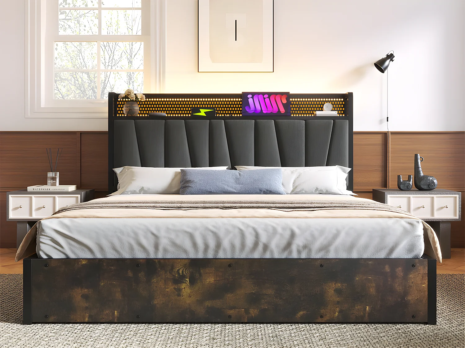 Opbergbed 140x200cm in linnenstof - met LED, oplaadpoorten en lattenbodem - Grijs