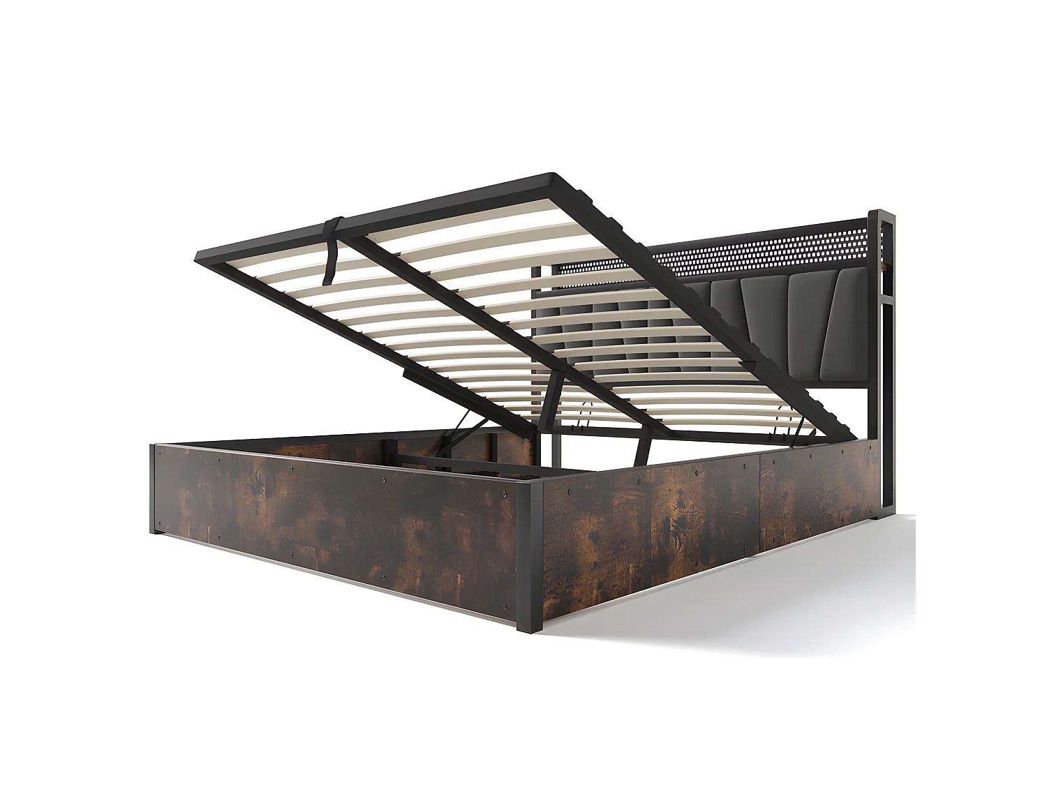 Opbergbed 140x200cm in linnenstof - met LED, oplaadpoorten en lattenbodem - Grijs