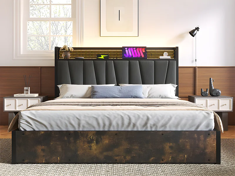 140 x 200 cm großes Stauraumbett aus Leinenstoff – mit LED, Ladeanschlüssen und Lattenrost – Grau