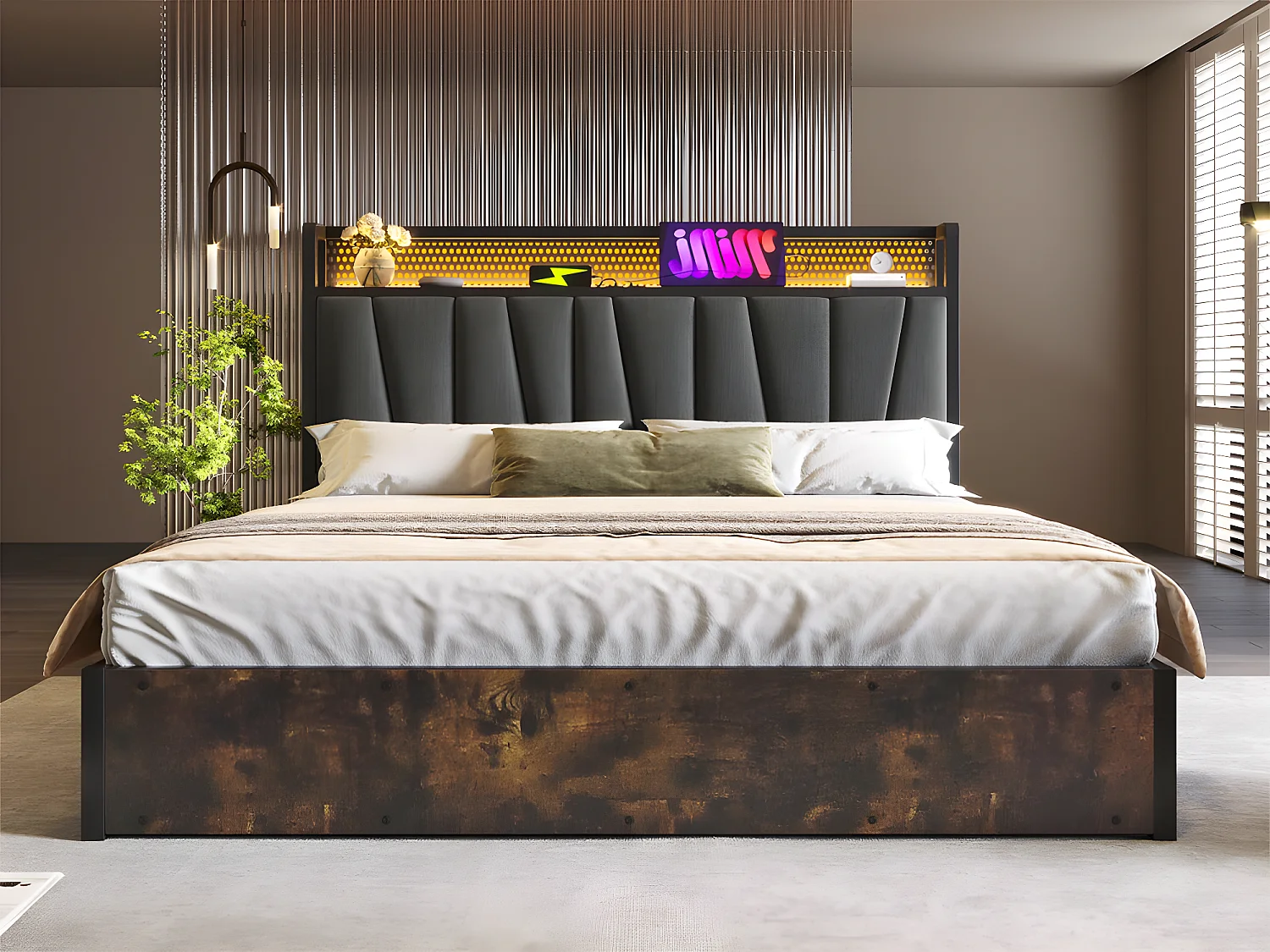 Lit coffre 160x200cm en tissu lin - avec LED、Ports de charge et sommier à lattes- Gris