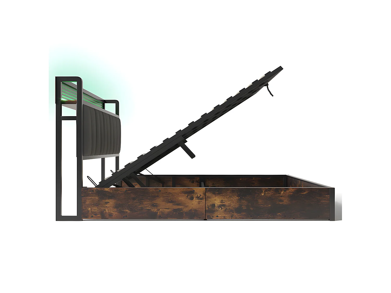 Lit coffre 160x200cm en tissu lin - avec LED、Ports de charge et sommier à lattes- Gris