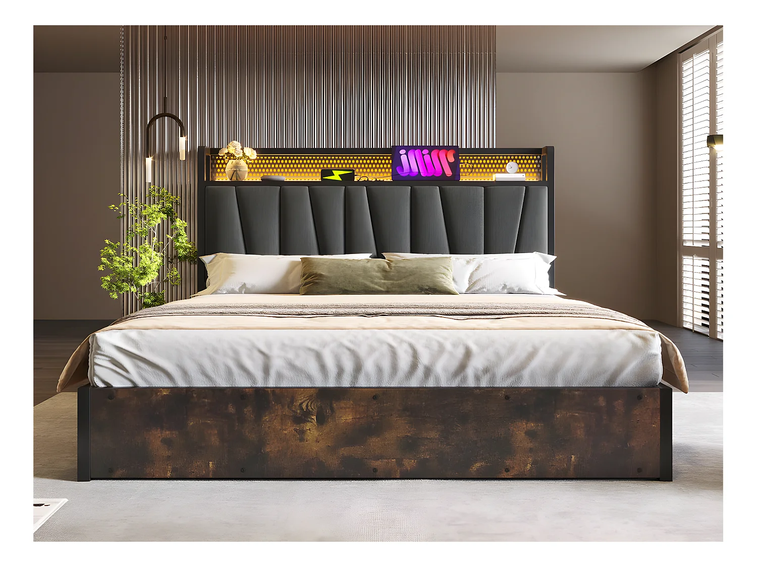 Lit coffre 160x200cm en tissu lin - avec LED、Ports de charge et sommier à lattes- Gris