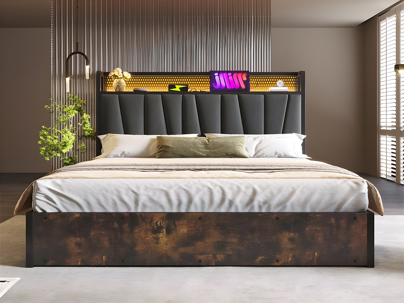Letto Matrimoniale Con Funzione Di Ricarica USB Type C, Struttura In Lino Grigio Base In Legno 140x200 Cm