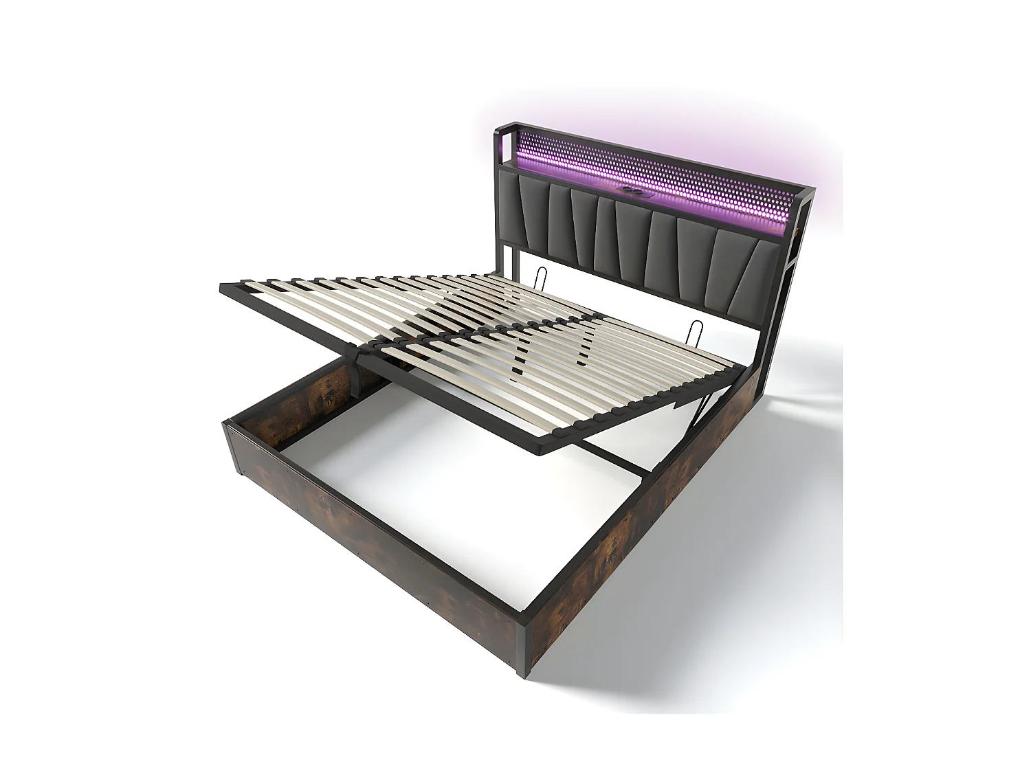 Lit coffre 160x200cm en tissu lin - avec LED、Ports de charge et sommier à lattes- Gris