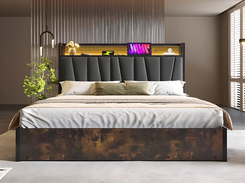 Lit coffre 160x200cm en tissu lin - avec LED、Ports de charge et sommier à lattes- Gris