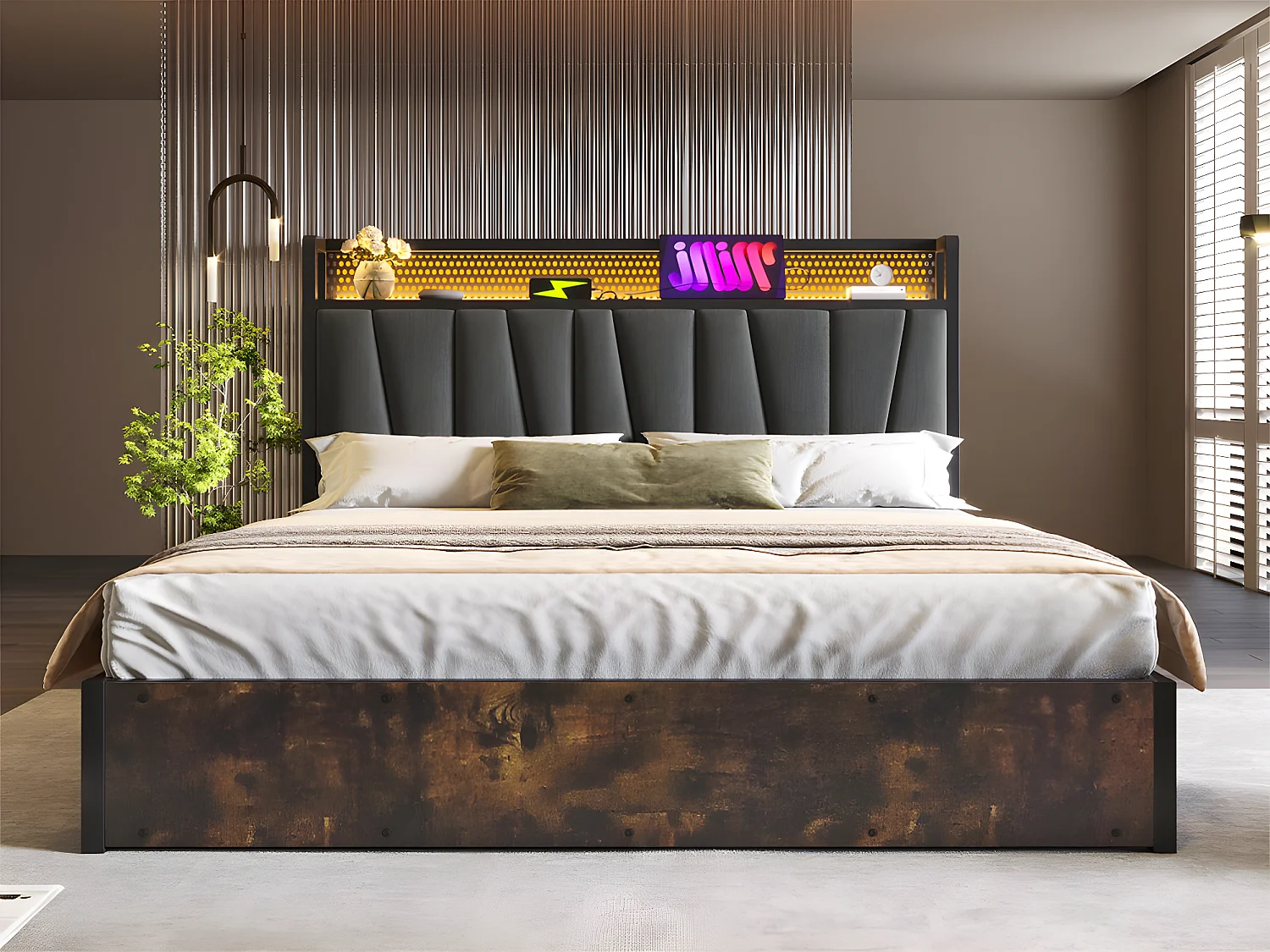 Lit coffre 180x200cm en tissu lin - avec LED、Ports de charge et sommier à lattes- Gris