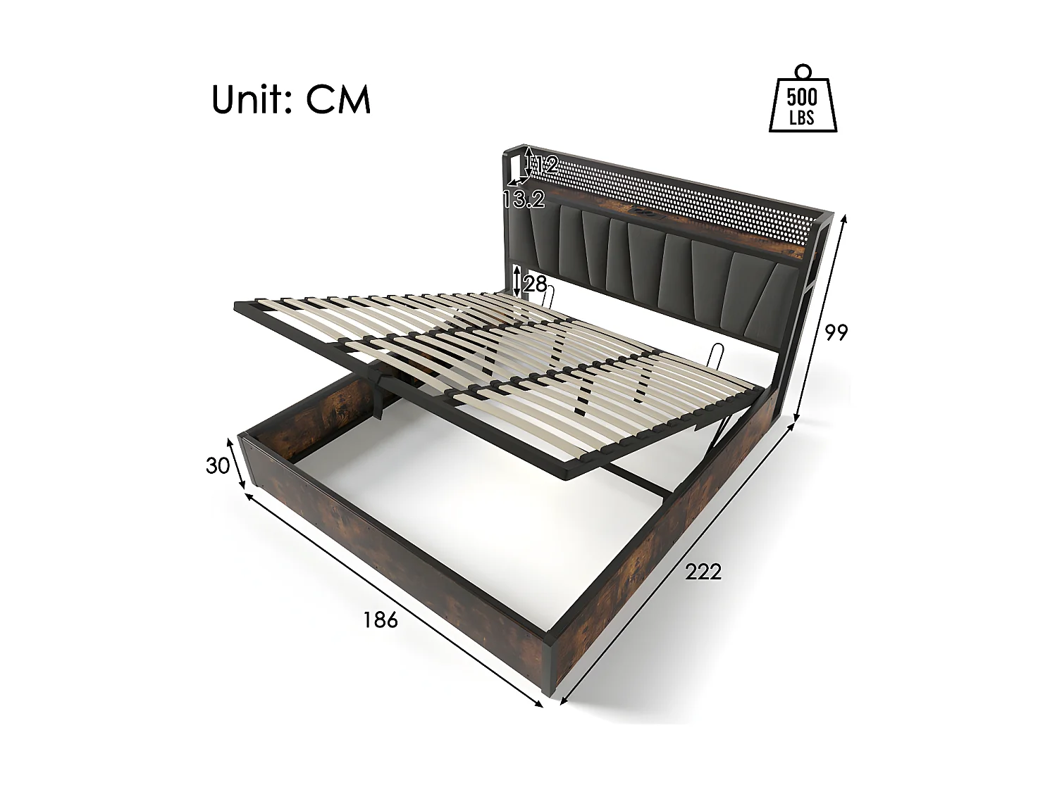 Lit coffre 180x200cm en tissu lin - avec LED、Ports de charge et sommier à lattes- Gris