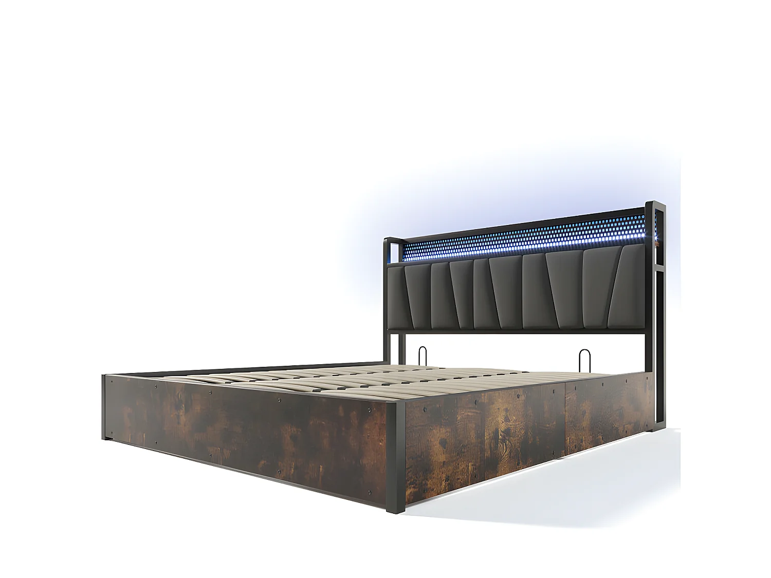 Lit coffre 180x200cm en tissu lin - avec LED、Ports de charge et sommier à lattes- Gris