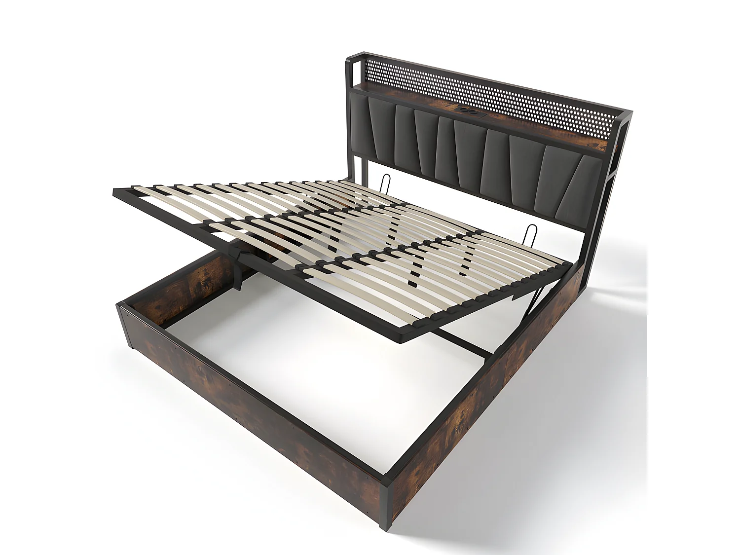 Lit coffre 180x200cm en tissu lin - avec LED、Ports de charge et sommier à lattes- Gris