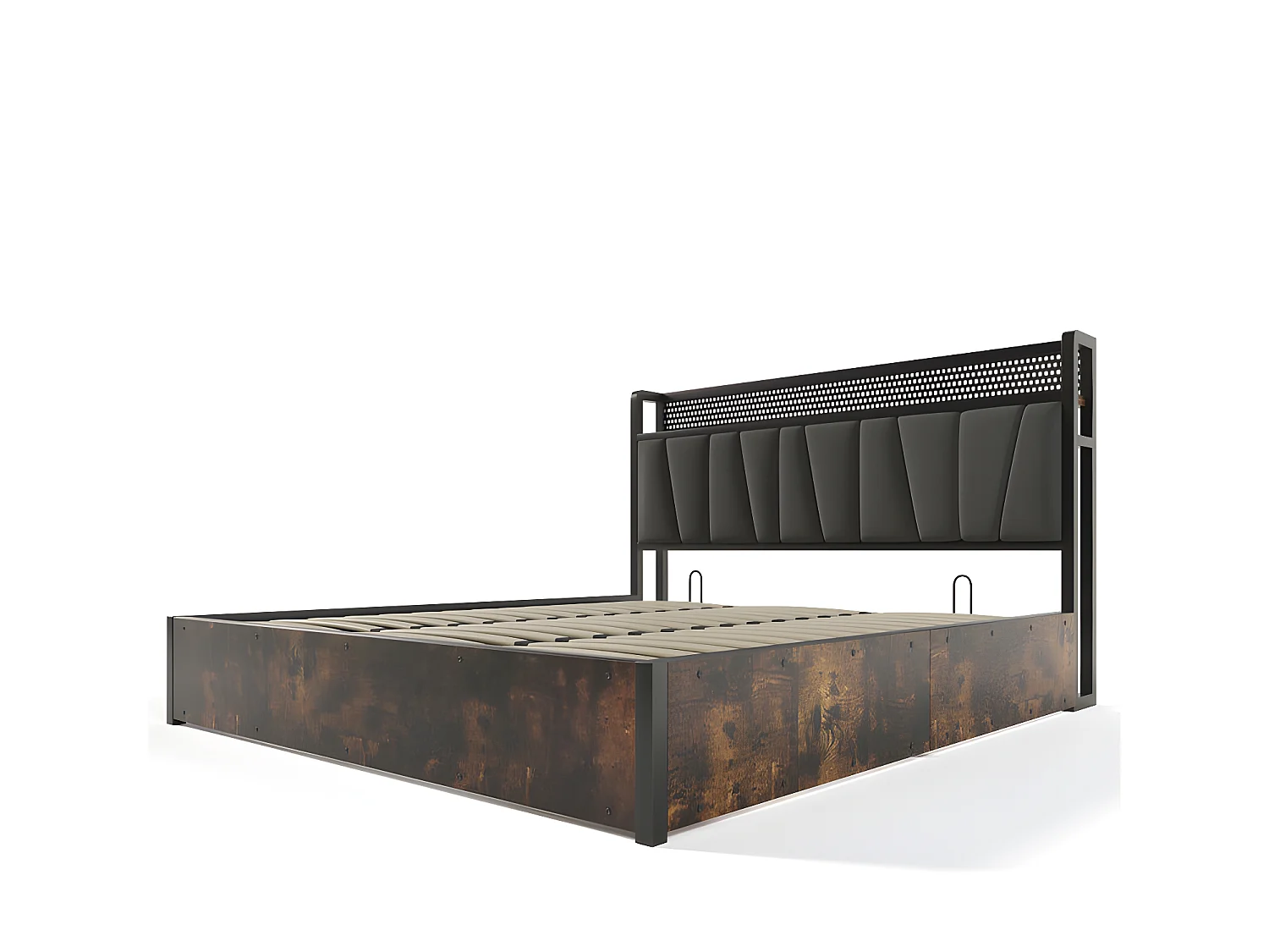 Lit coffre 180x200cm en tissu lin - avec LED、Ports de charge et sommier à lattes- Gris