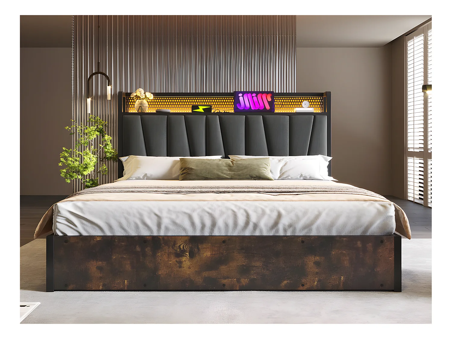 Lit coffre 180x200cm en tissu lin - avec LED、Ports de charge et sommier à lattes- Gris