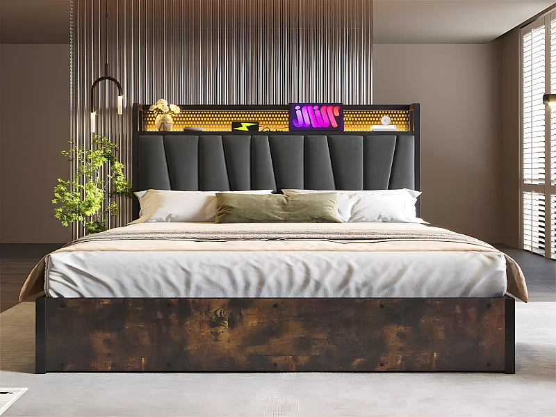 180 x 200 cm großes Stauraumbett aus Leinenstoff – mit LED, Ladeanschlüssen und Lattenrost – Grau