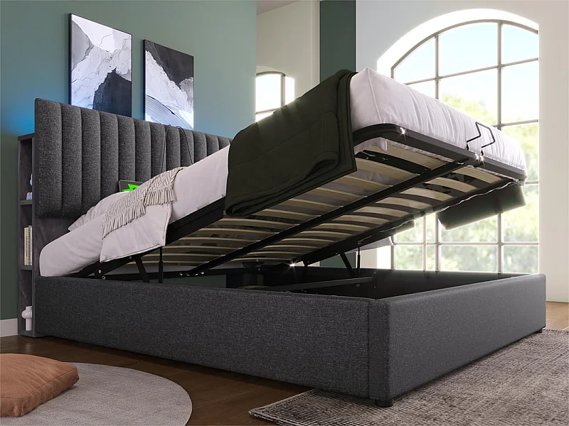 Mit Leinen gepolstertes Stauraumbett mit Ladeanschlüssen und LED – 160 x 200 cm – 3 Fächer am verstellbaren Kopfteil – Grau