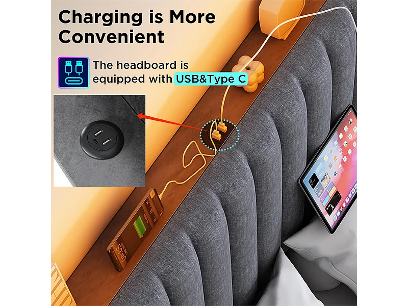 Mit Leinen gepolstertes Stauraumbett mit Ladeanschlüssen und LED – 160 x 200 cm – 3 Fächer am verstellbaren Kopfteil – Grau