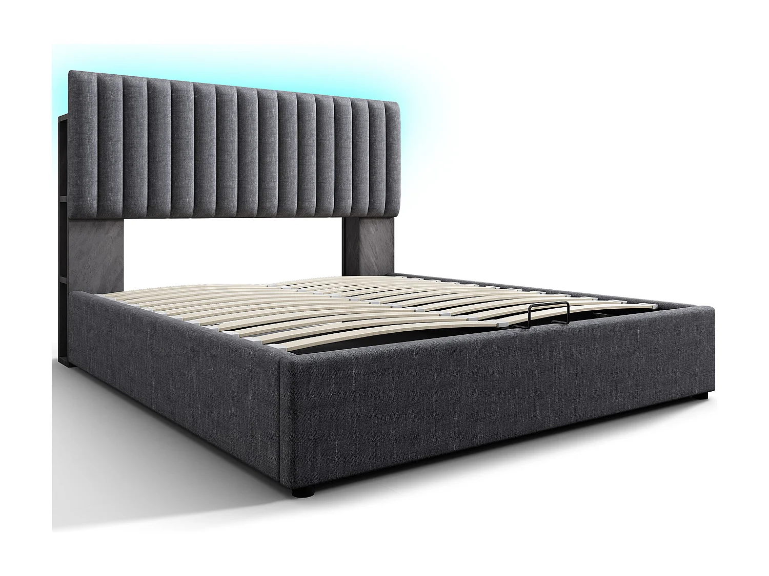 Lit coffre rembourré en lin avec ports de charge et LED - 160x200cm - 3 compartiments sur la tête réglablela - Gris