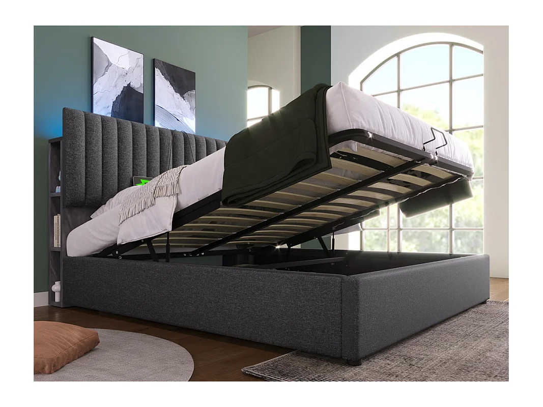 Lit coffre rembourré en lin avec ports de charge et LED - 160x200cm - 3 compartiments sur la tête réglablela - Gris